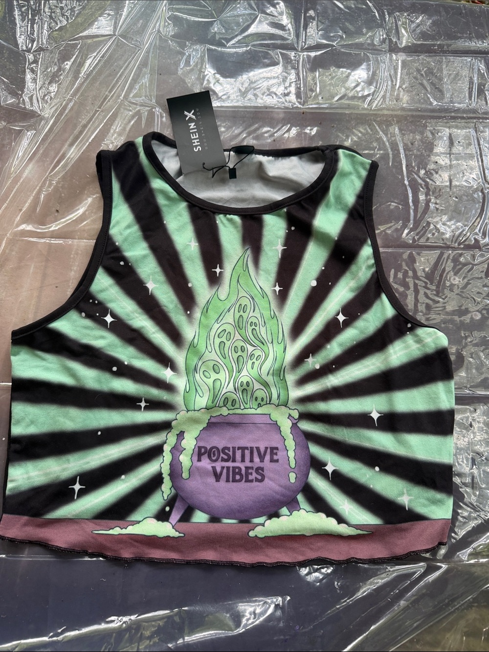SHEIN Kids Green & Purple 'Positive Vibes' Graphic Tank